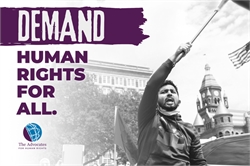 A man waving a flag in protest with the words "Demand Human Rights for All" and a logo of The Advocates for Human Rights.